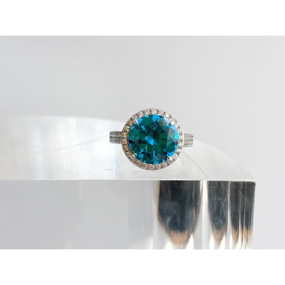 Blue Topaz Semi-Precious Round Cut Halo 925 Sterling Silver Vintage Ring - sz 8 - Picture 2 of 10